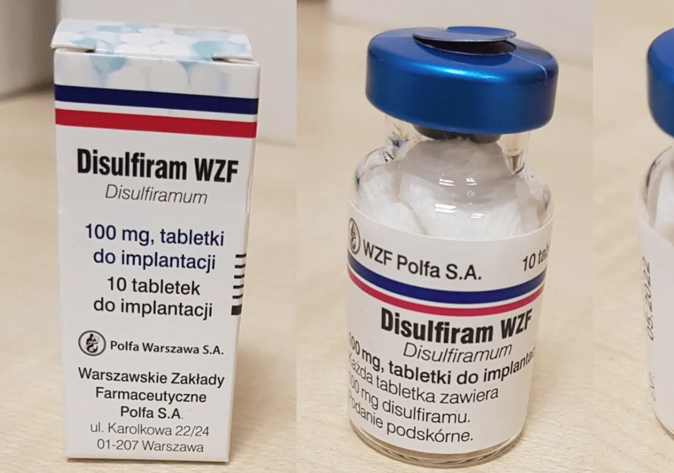 Wszywka alkoholowa Esperal / Disulfiram Piła: fiolka disulfiramu obok opakowania leku