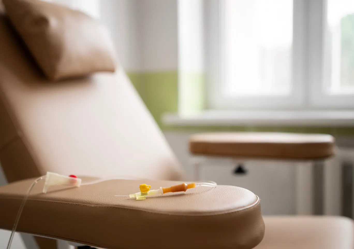 Kroplówki witaminowe Wągrowiec: fotel zabiegowy z przygotowaną linią infuzyjną